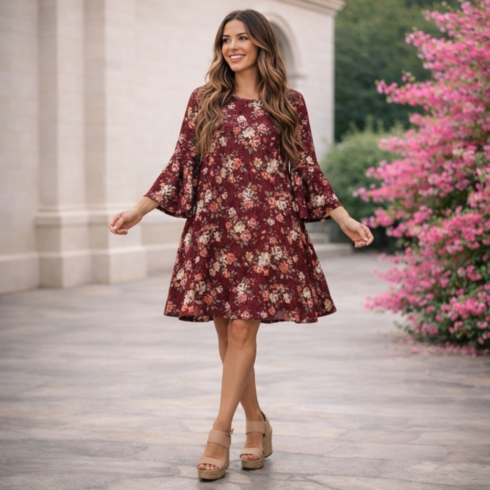 LuLaRoe Maurine Panné Velvet Floral Swing Dress with Bell Sleeves